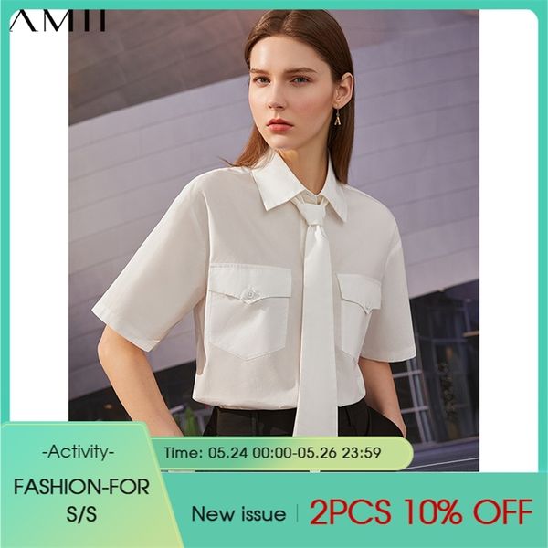 

minimalism summer women's shirt offical lady 100%cotton solid lapel loose with tie causal 12170176 210527, White