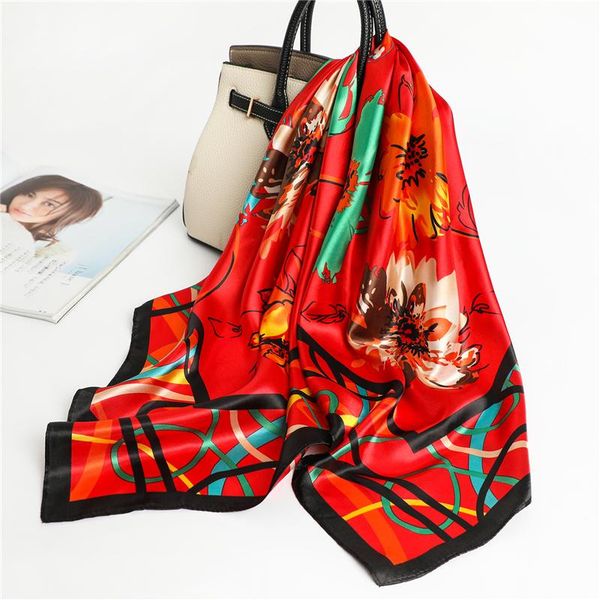 

scarves 2021 square scarf for women flower print silk shawl vintage neckerchief head hijab wraps summer ladies bandana, Blue;gray
