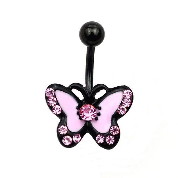 Borboleta cor-de-rosa preta Buttle Button Anéis Anti-Allergy Aço Inoxidável NavelPierCing Sexy Lady Piercing Anel de Umbigo Jóias