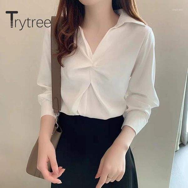 

trytree 2021 spring autumn blouse women casual v-neck loose fashion elegant chiffon solid all-purpose style women's blouses & shirts, White
