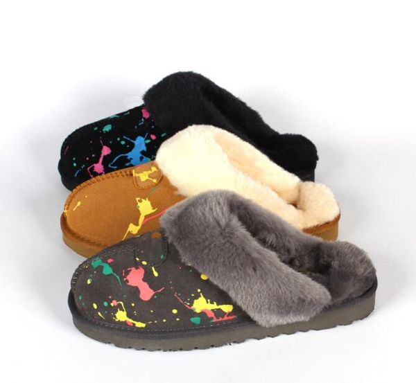 

2022 sell classic design aus u5125 keep warm slippers goat skin sheepskin snow slippers man women graffiti indoor shower room mop slippers, Black