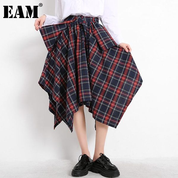 

[eam] high elastic waist blue plaid irregular stitch bandage half-body skirt women fashion tide spring autumn 2021 jd40205 skirts, Black