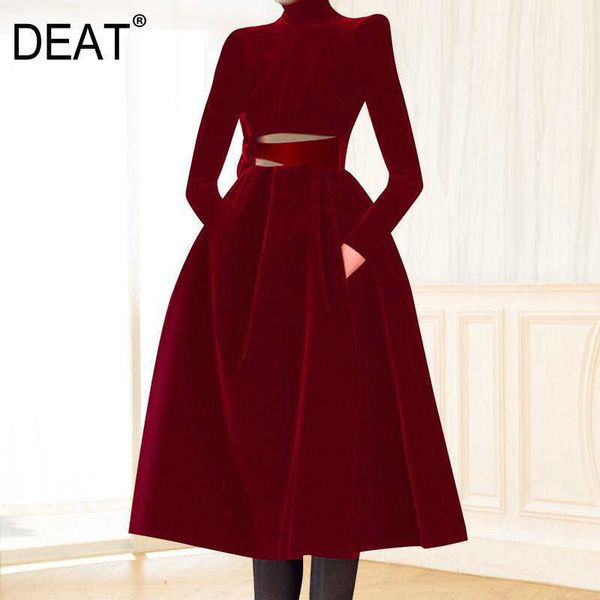 

[deat] spring fashion stand-up collar knee-length hollow out long sleeve solid color loose velvet dress 13q043 210527, Black;gray