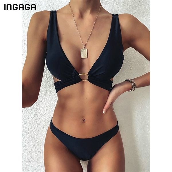 

ingaga black bikinis swimsuits cross bandage swimwear women solid push up biquini bathing suit padded beach wear 210702, White;black