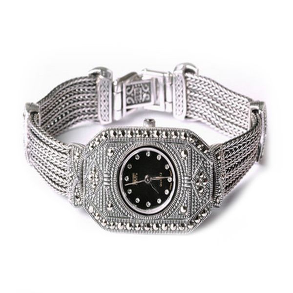 Jade Angel Sterling Luxus-Vintage-Armbanduhr aus 925er Silber mit Markasit-Schmuck für Damen