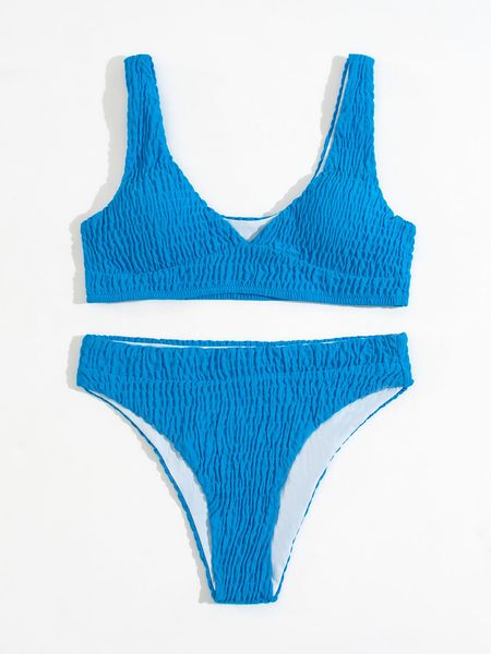 

new summer wrinkled blue women swimwear female swimsuit v ne bikini set mid waist bather bathing suit swim ladyby air