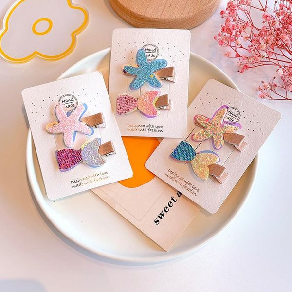 

hair accessories 15 pairs, sequined starfish and tail fish clips for baby girls summer, Slivery;white