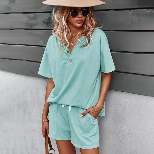 

women's tracksuits summer simplicity casual home wear women two piece set short sleeve slim v neck t shirt loose shorts streetwear suit, Gray
