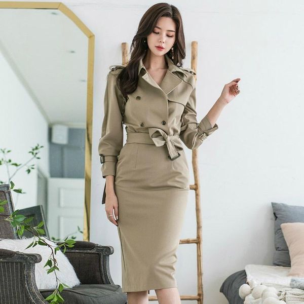 

casual dresses women double button solid windbreaker style midi dress winter package hip bodycon korean autumn ladies, Black;gray