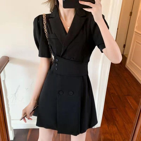 

skirts french suit collar short sleeve female 2021 summer design feeling small high end dress fashion, Black