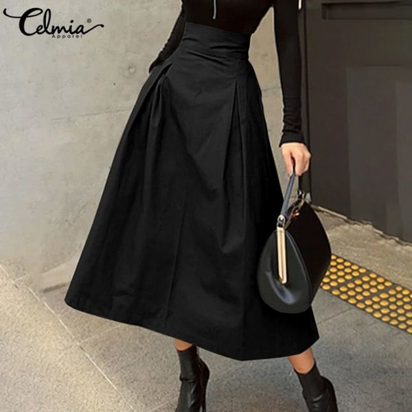 

skirt women's 2021 celmia fashion bandage high waist solid pleated party skirts elegant office lady skirt plus size buttoms 5xl, Black
