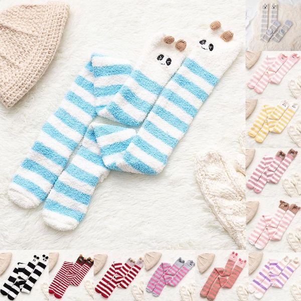 

socks & hosiery stylish coral fleece over the knee thicken warm sleeping towel striped winter women stockings 2021 cotton, Black;white