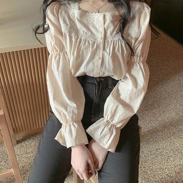 

shirt spring chic square collar korean-style blouse lace shirts unique, White