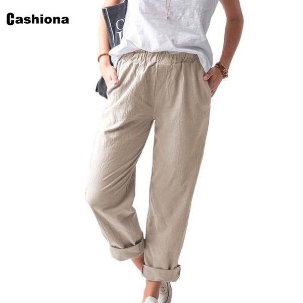 

women's pants & capris cashiona plus size women linen solid elastic waist trousers female ankle-length autumn casual pantalon with pock, Black;white