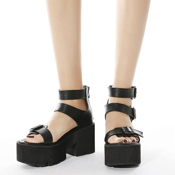 

plus size 35-43 ankle strap buckle block heels platform women shoes fashion 9cm high ladies chunky gladiator sandals, Black