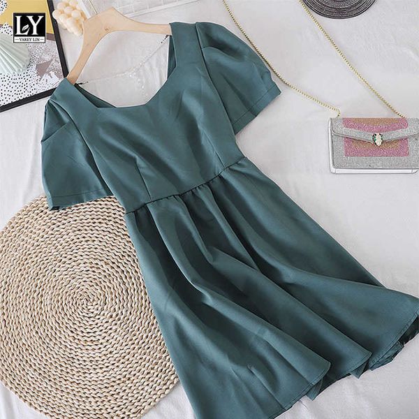 

ly varey lin summer women casual puff sleeve bow solid color white black dress sweet square collar high waist short 210526, Black;gray