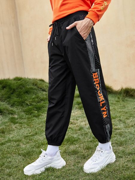 

men paisley & letter graphic drawstring waist pants q1gk#, Black