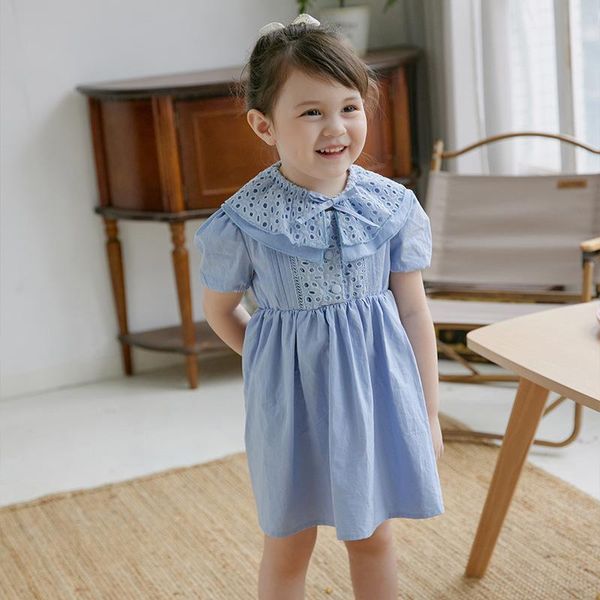 

girl's dresses kids summer fashion clothes 2021 sweet pink blue solid color dress hollow large lapel lace, Red;yellow
