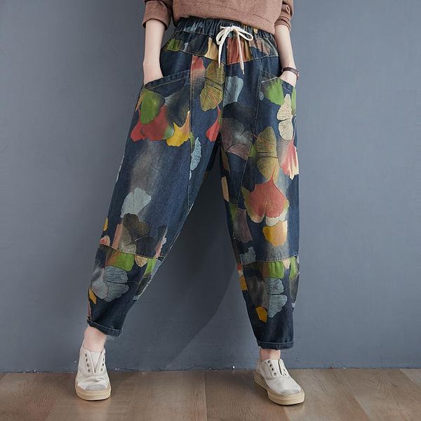 

autumn streetwear jeans woman 2021 vintage panelled print harajuku pants drawstring loose wide leg denim boyfriend women's, Blue