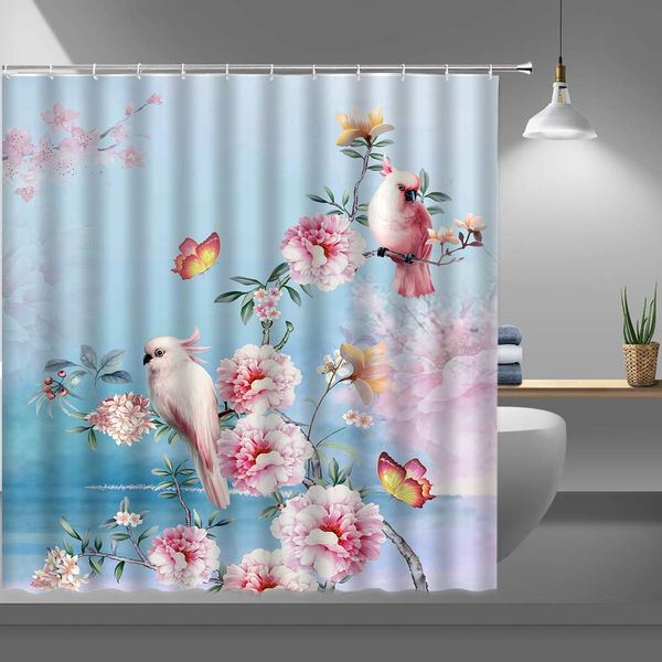 

pink floral shower curtains for bathroom,watercolor spring flower bird butterfly fabric shower curtain with plastic hooks,69x70