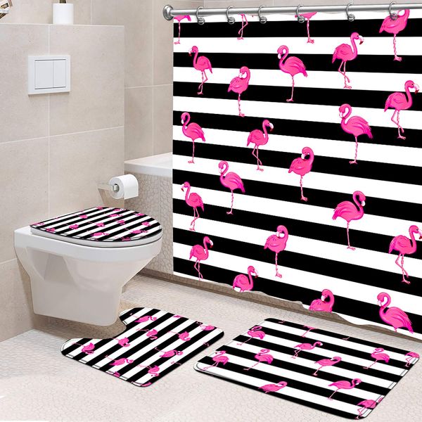 

4 pcs flamingo shower curtain set cute shower curtain fabric pink shower curtain with non-slip rug, toilet lid cover, bath mat
