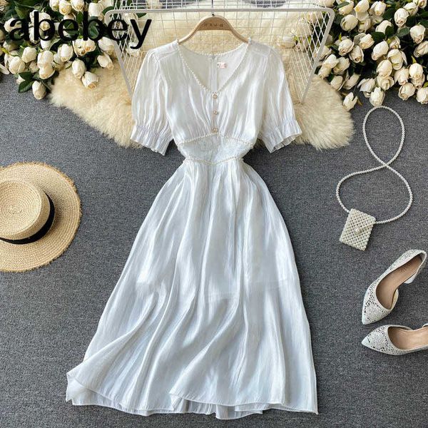 

women fashion korean dress puff sleeve v neck solid a-line dresses summer elegant streetwear midi sundrerss 210715, Black;gray