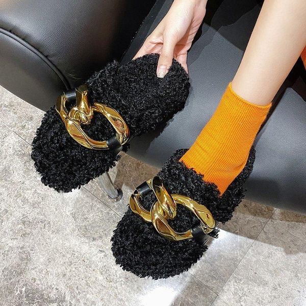

wool slippers women shoes zapatillas mujer cute outer wear retro chain muller shoes 2021 new fashion casual semi-drag flat, Black