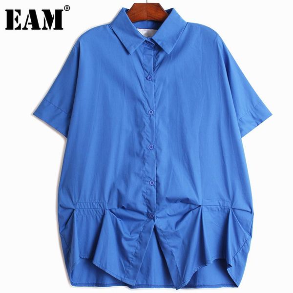

women's blouses & shirts [eam] women black big size casual pleated blouse lapel short sleeve loose fit shirt fashion tide spring summer, White