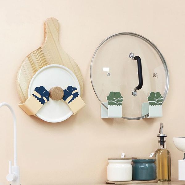 

hooks & rails rack self adhesive pot lid holder wall mounted kitchen tools utensil punch-storage pan cover organizer