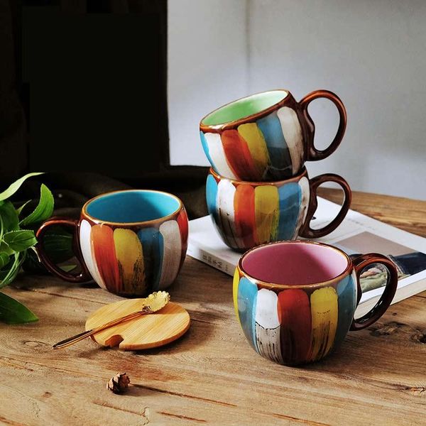 

mugs 350ml creative hand painted coffee mug ceramic cup with wooden lid&spoon cafe bar drinkware home office breakfast