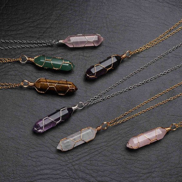 

hexagonal cylindrical crystal natural pendant wire wrap stone necklace for women men fashion jewelry, Silver