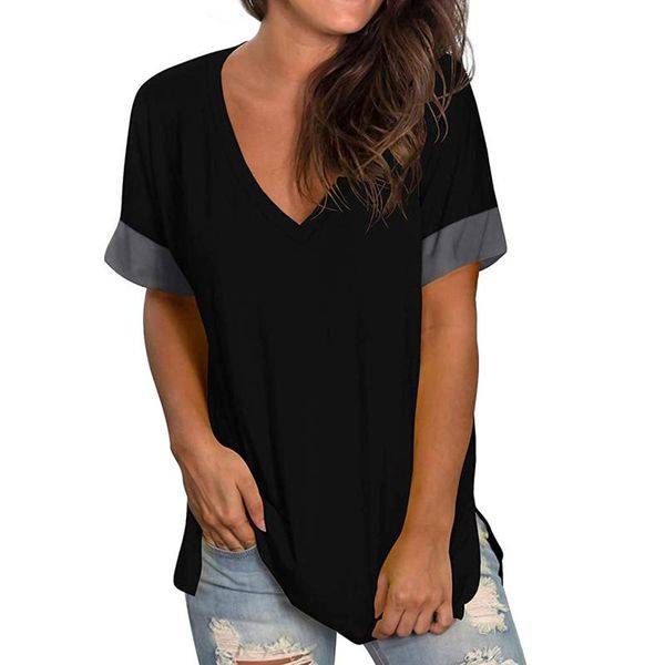 

women's t-shirt casual v-neck solid color stitching all-match short-sleeved comfort 30, White