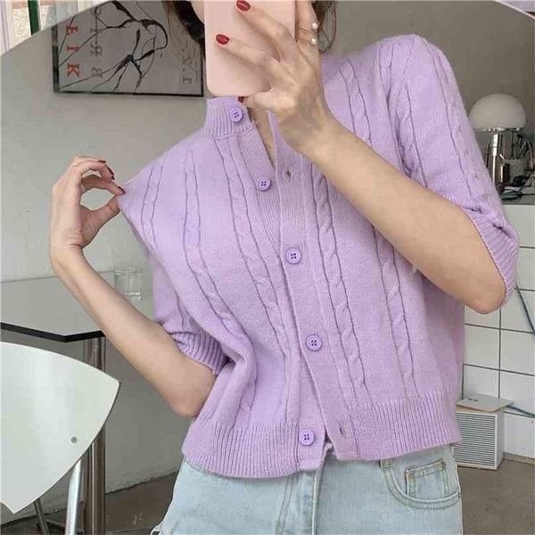

lady ol summer solid all match short sleeves coats high waist knitted cardigans thin women fashion sweaters 210525, White;black