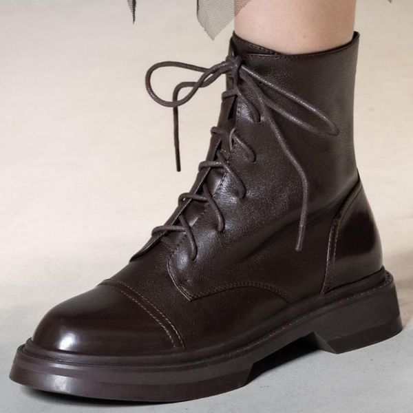 

boots women's genuine leather thick sole platform autumn ankle lace-up punk short motorcycle round toe casual shoes women, Black