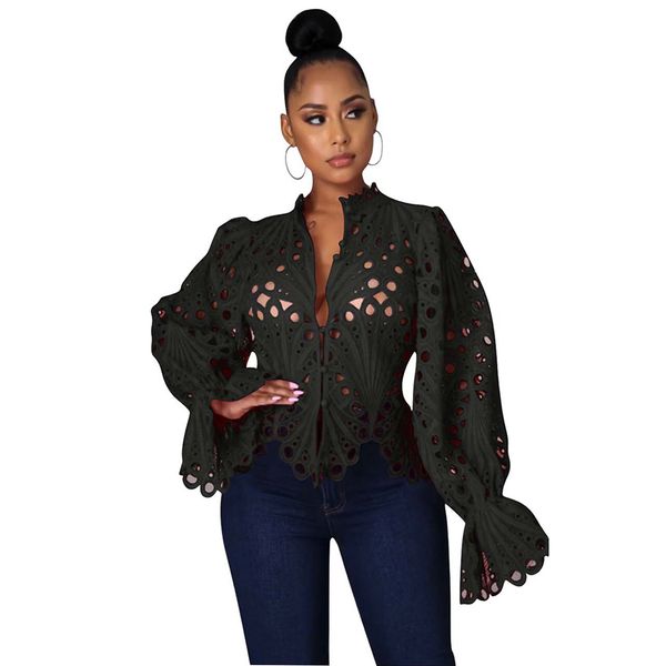 

women shirts elegant flare long sleeve pearl button down floral lace crochet hollow out and blouses, White