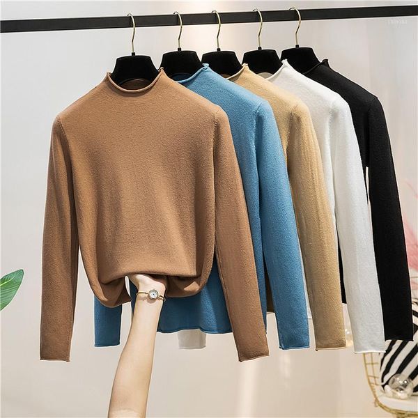 

women's 2021 spring autumn roll-up half high neck solid color knitted pullover sweater long-sleeve all-match pull femme sweaters, White;black