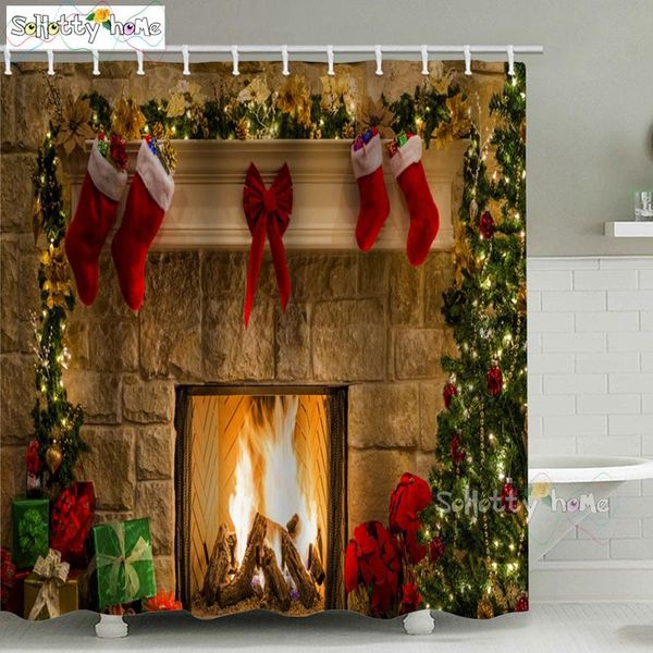 

bathroom waterproof christmas warm fireplace bow stockings washable shower curtain or mat curtains