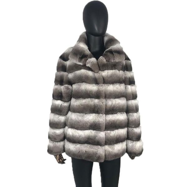 

women's fur & faux 2021 stylish chinchilla jacket notch collar mid-long coat parka stately beauty warm fashion, Black