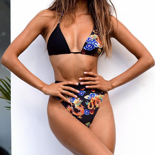 

women dragon/leopard print bikini set fashion triangle halter bra+high waist briefs swimsuit beachwear bathing suit women's swimwear, White;black