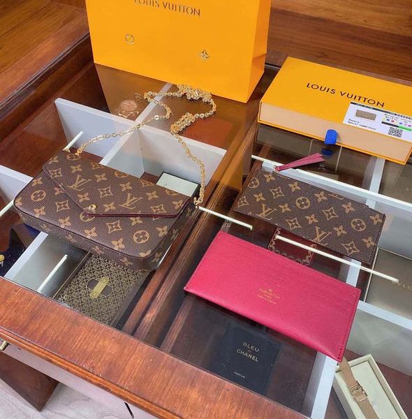 

designer handbags shoulder bag totes 3pcs set pochette accessories brown flower messenger chain strap cross body ladies flap purse clutch wi