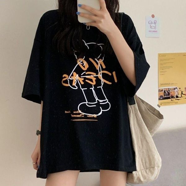 

women's t-shirt cotton summer 2021 loose casual cartoon letter printing aesthetic streetwear fashion vintage basic, White