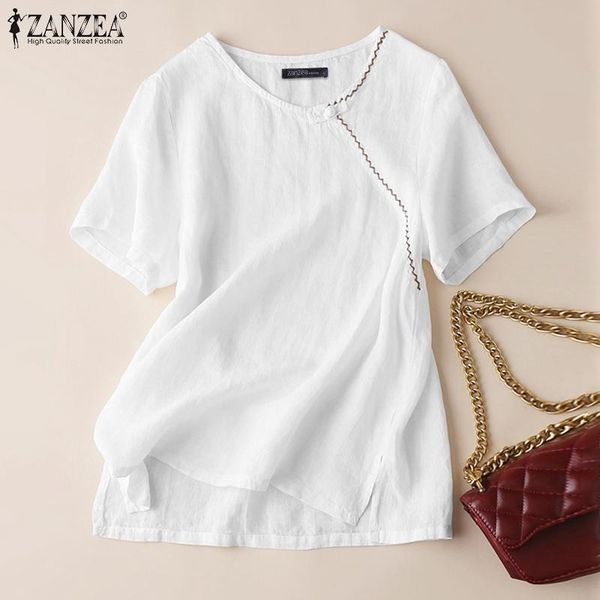

women's blouses & shirts vintage women blouse 2021 zanzea summer cotton linen button up casual ladies solid short sleeve mujer loose b, White