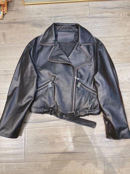 

women's leather & faux autumn spring genuine sheepskin short jacket double zipper design moto biker real coat, Black