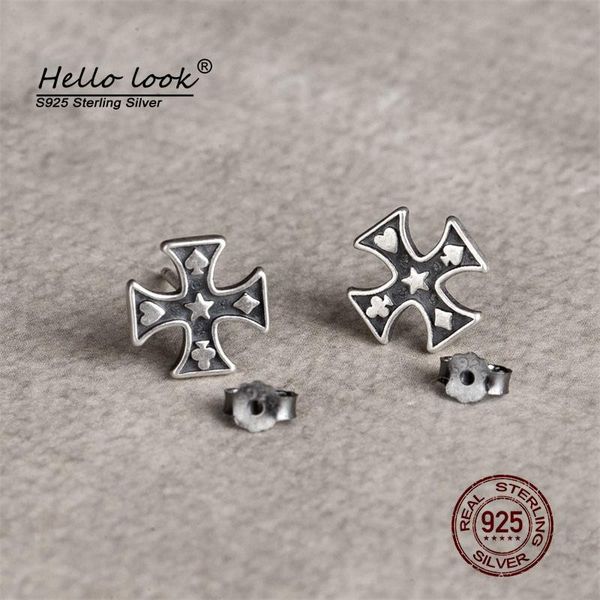 

stud hellolook 925 sterling silver cross poker earrings punk street hip-hop ear studs pin for men women piercing jewelry, Golden;silver