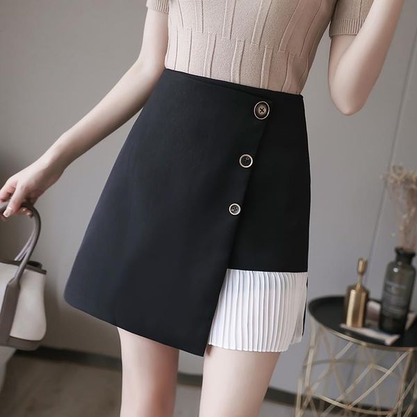 

skirts 2021 summer pleated stitching a-line skirt women irregular high waist single-breasted bag hip, Black