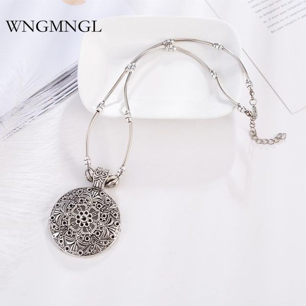 

pendant necklaces wngmngl vintage statement choker necklace fashion antique sliver hollow round flower carving for women jewelry, Silver