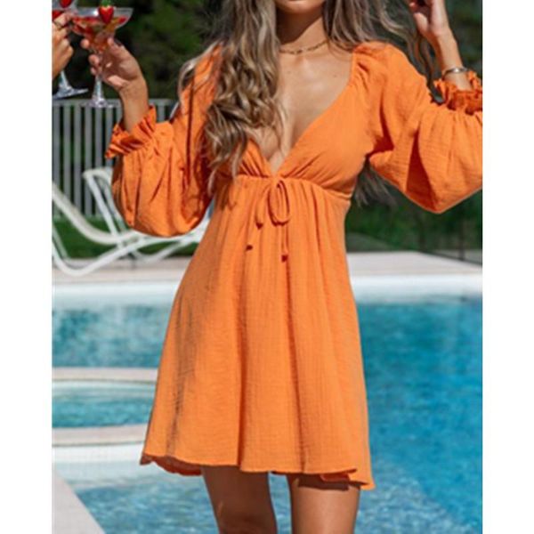 

casual dresses women summer style halter v-neck waist puff sleeve long dress vintage solid mini bandage for, Black;gray