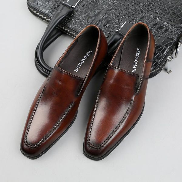 

flat genuine leather business men's dress shoe fashion elegant formal wedding shoes handmade slip on office oxford footwear 2021, Black