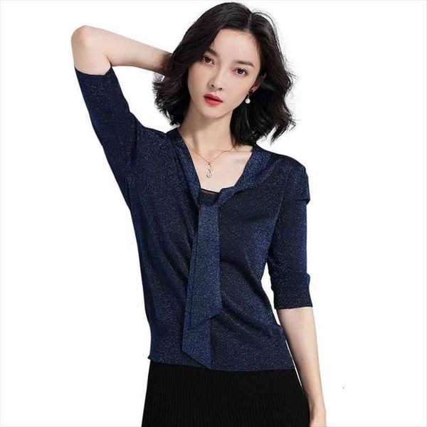 

womens knitted tees female korean sweaters elegant short sleeved v neck bow streamers shiny rayon slim fashion simple, White;black