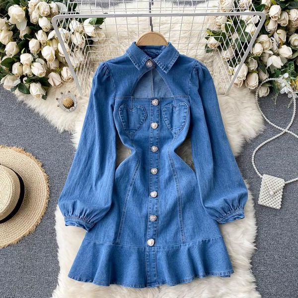 

casual dresses women blue denim ol office lady y2k hollow out party dress fashion vintage slim vestidos clothes wear d551, Black;gray
